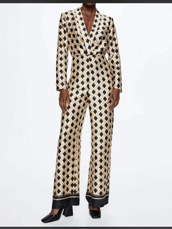 Mango Pants - Mango Geometric Satin Jumpsuit in Cream & Black